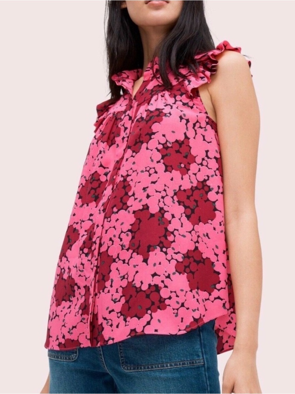 Kate Spade Sleeveless Pink Floral Ruffle-Neck Top